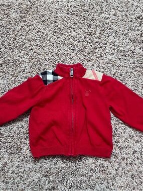 Burberry Red Kids Zip-Up Sweater with Check Shoulder Detail Size 9 Months